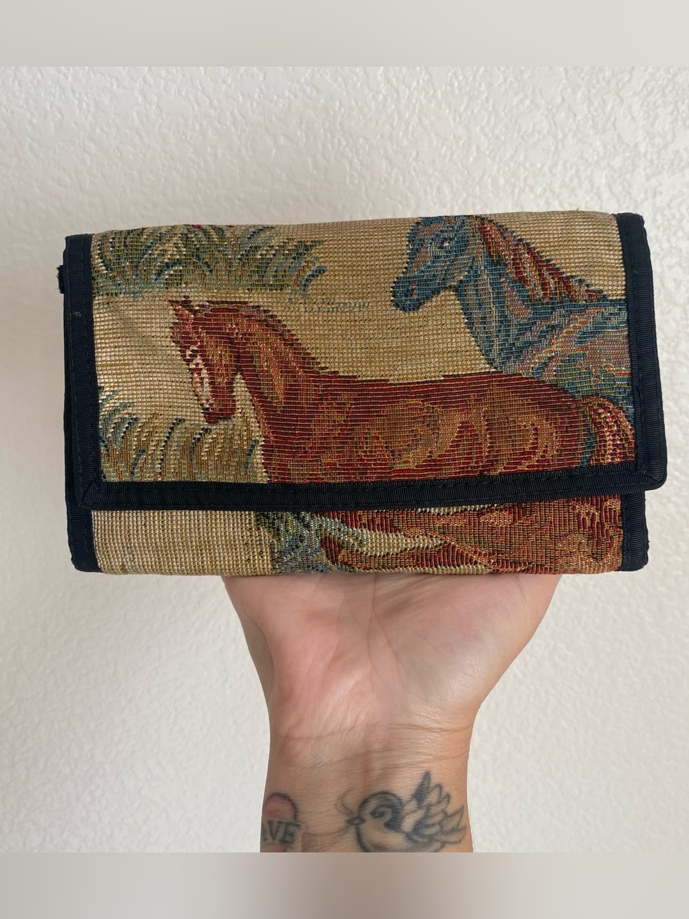 Vintage tri-fold equestrian tapestry  wallet